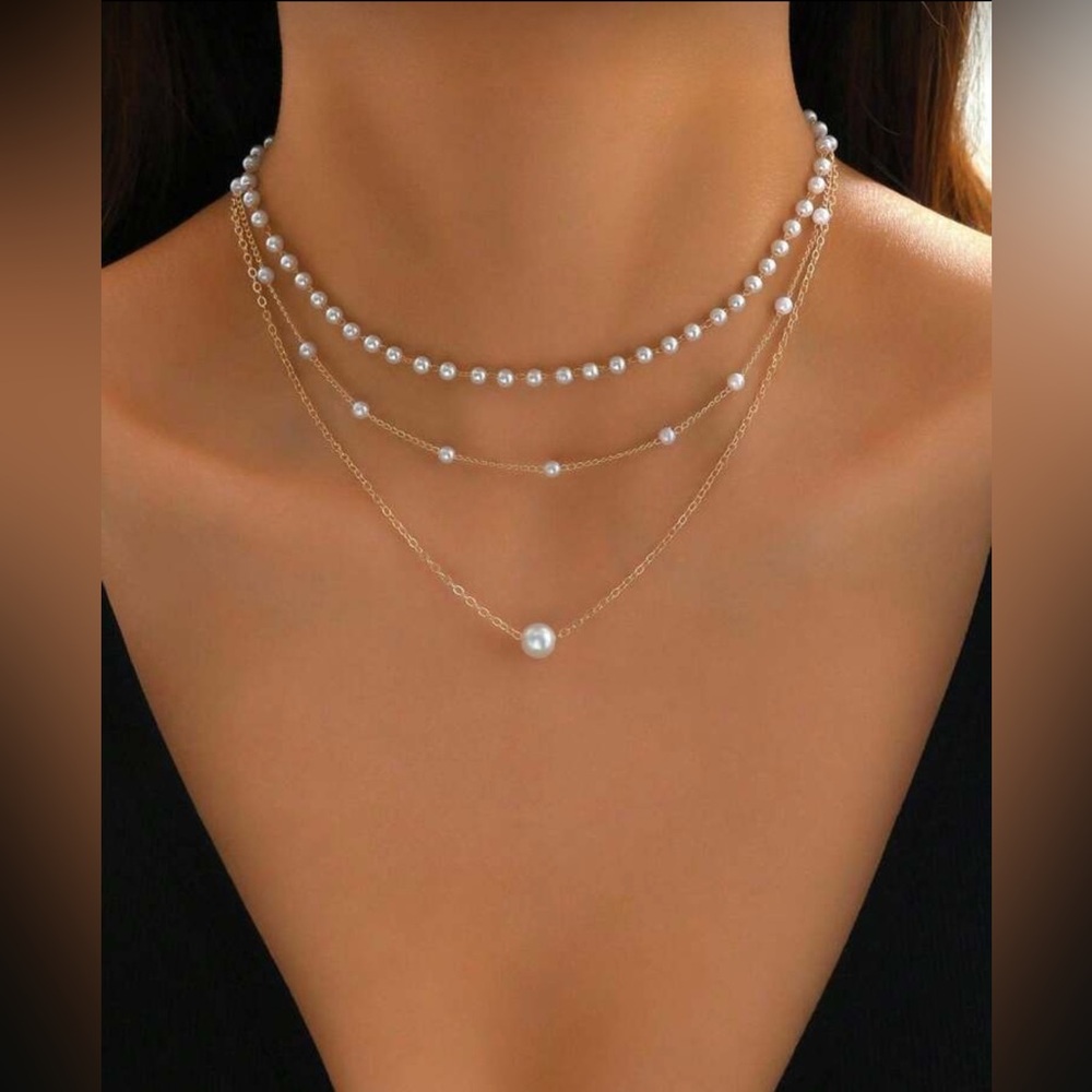 Gold  1pc Layered Pearl Chain Necklace — Elegant Multi-Strand Design